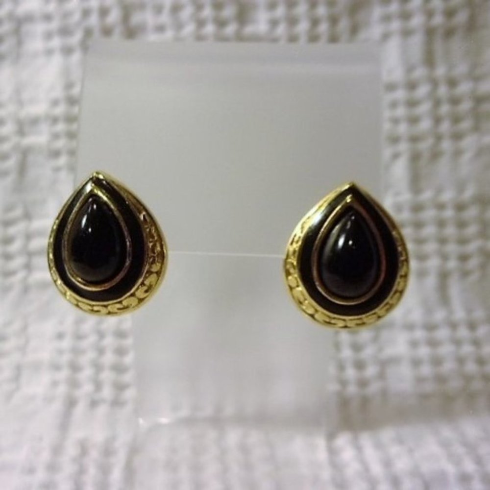 "Trifari Black Gold Teardrop Pierced Earrings "